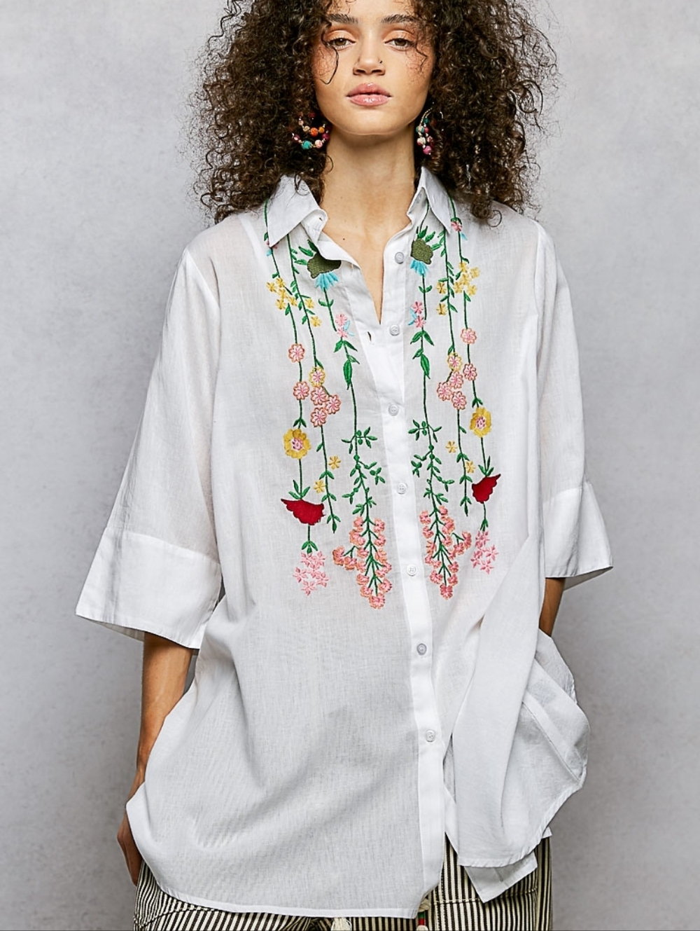 1-0525 POL Cotton Embroidered Button Down Tunic Top Collared Shirt